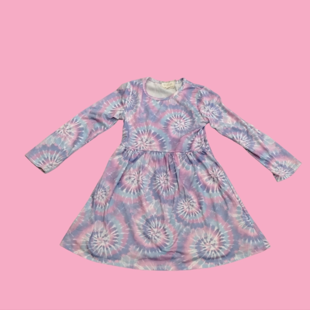 between 6X Girl Tiedye Long Sleeve A-Line coloured patterns spiral swirl dress
